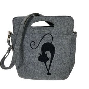 Black Cat Handbag Purse Eva Womens Grey Felted Adjustable Strap Inner Pockets
